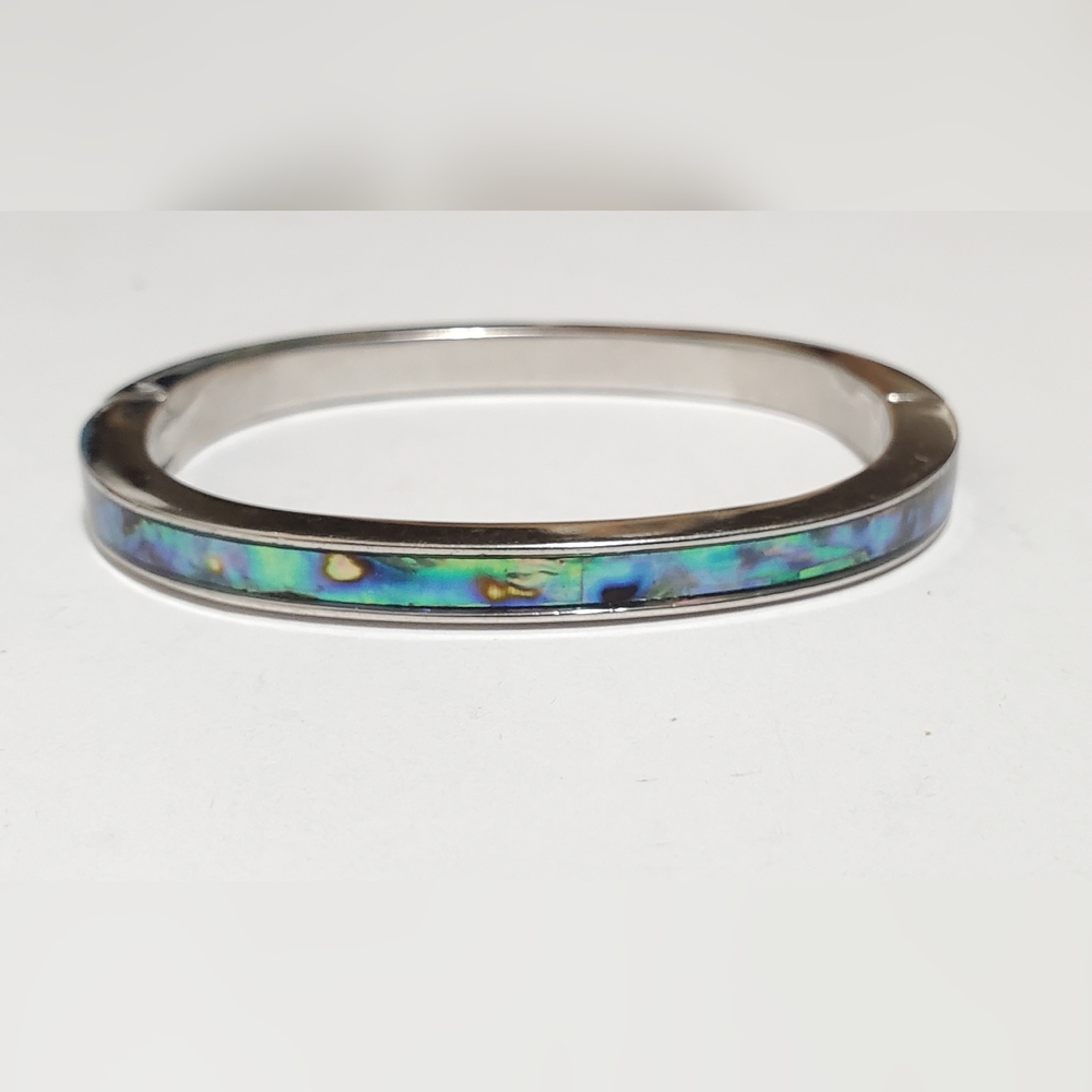 Vtg. Magnetic Hinged Abalone Bangle Bracelet